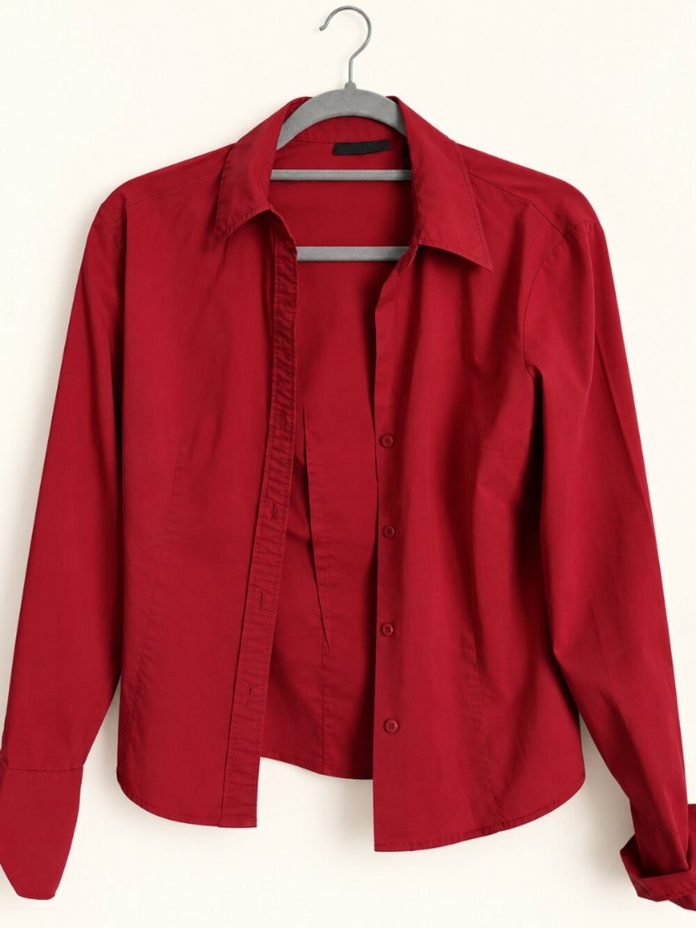 New York & Company Stretch Red Fitted Button-Up Shirt Long Sleeve S